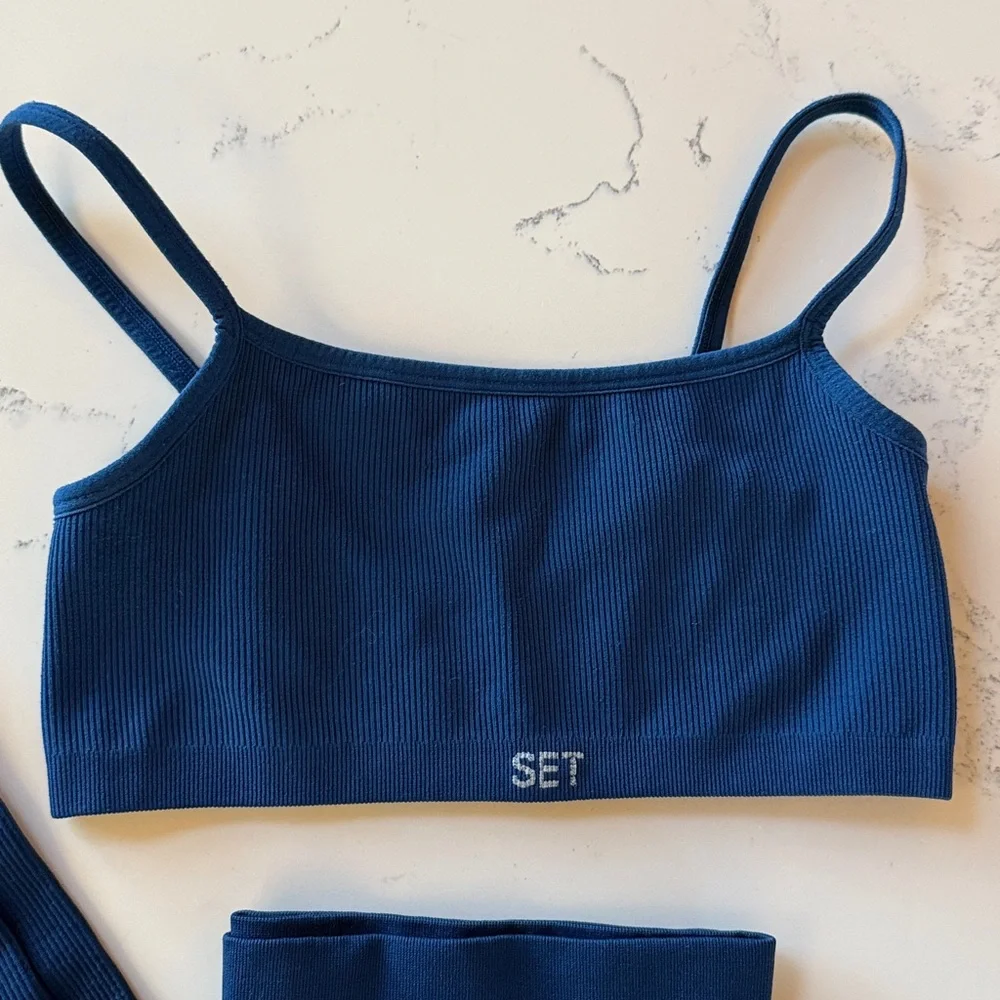 SET Active Navy Ribbed Seamless Leggings & Sports Bra Set - Picture 2 of 8